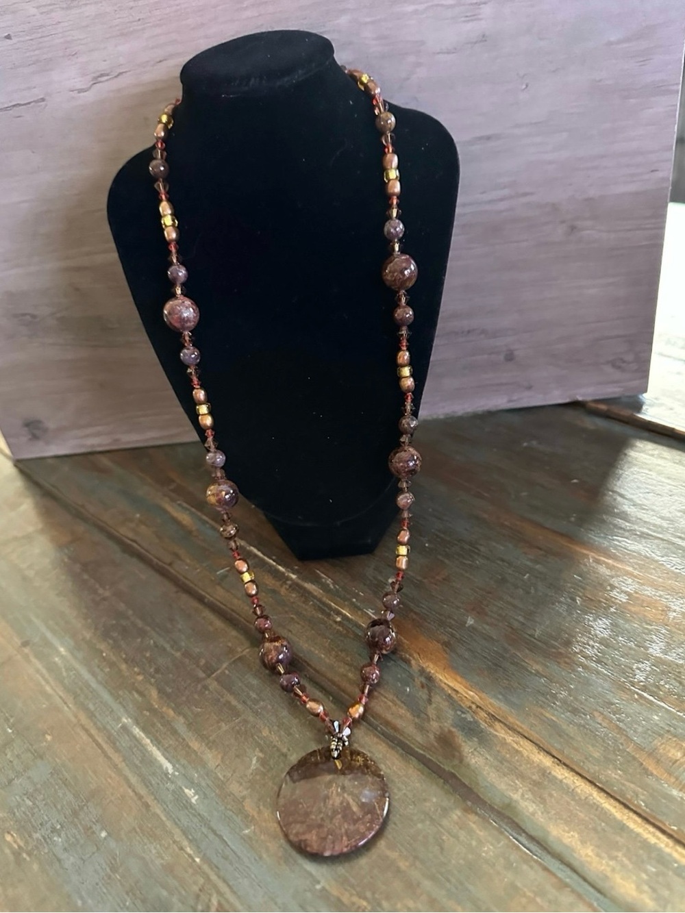 Brown Beaded Pendant Necklace with Disc Accent - Women Jewelry